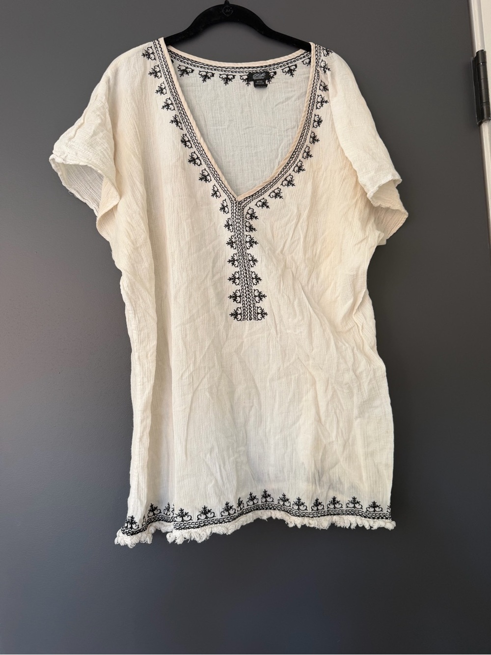 Embroidered Cream V-Neck Swim Coverup with Black Trim